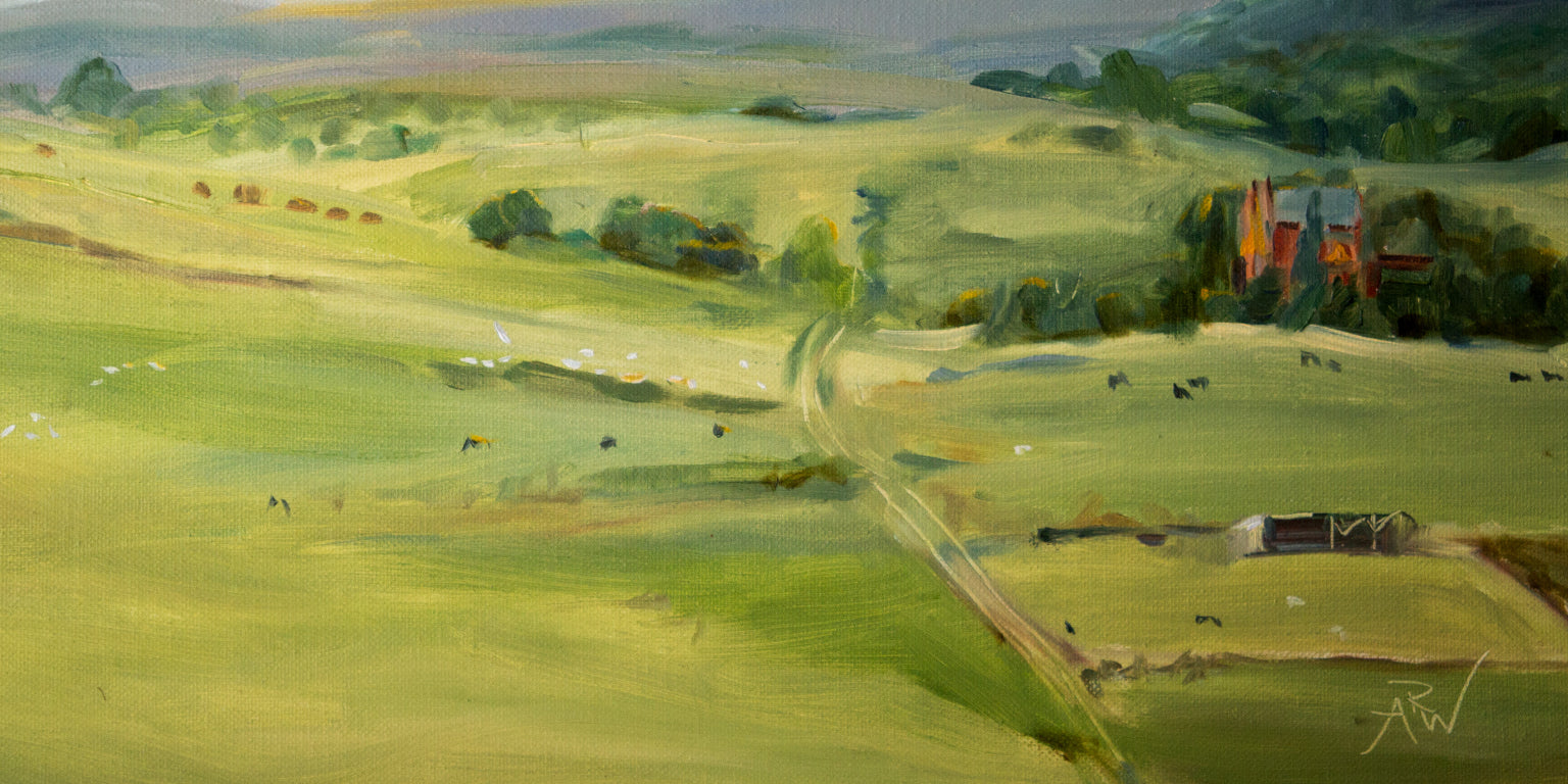 A landscape oil painting depicting rolling green and yellow-green hills, a dirt path, scattered small farm animals, and a cluster of red-roofed buildings near the right side.